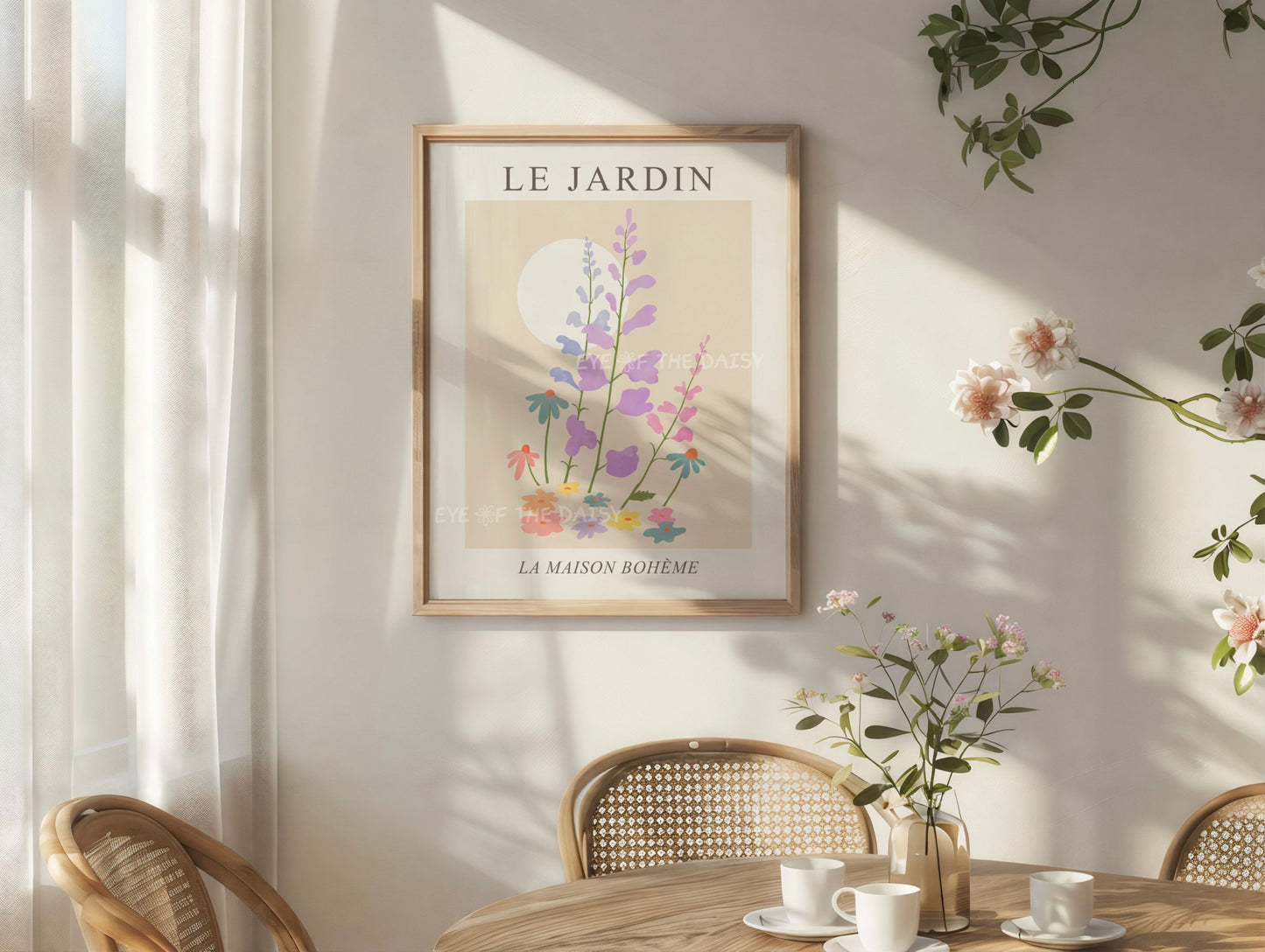 Printable floral wall print – soft botanical pastel artwork in exhibition poster style, perfect DIY decor for children’s or tween’s room