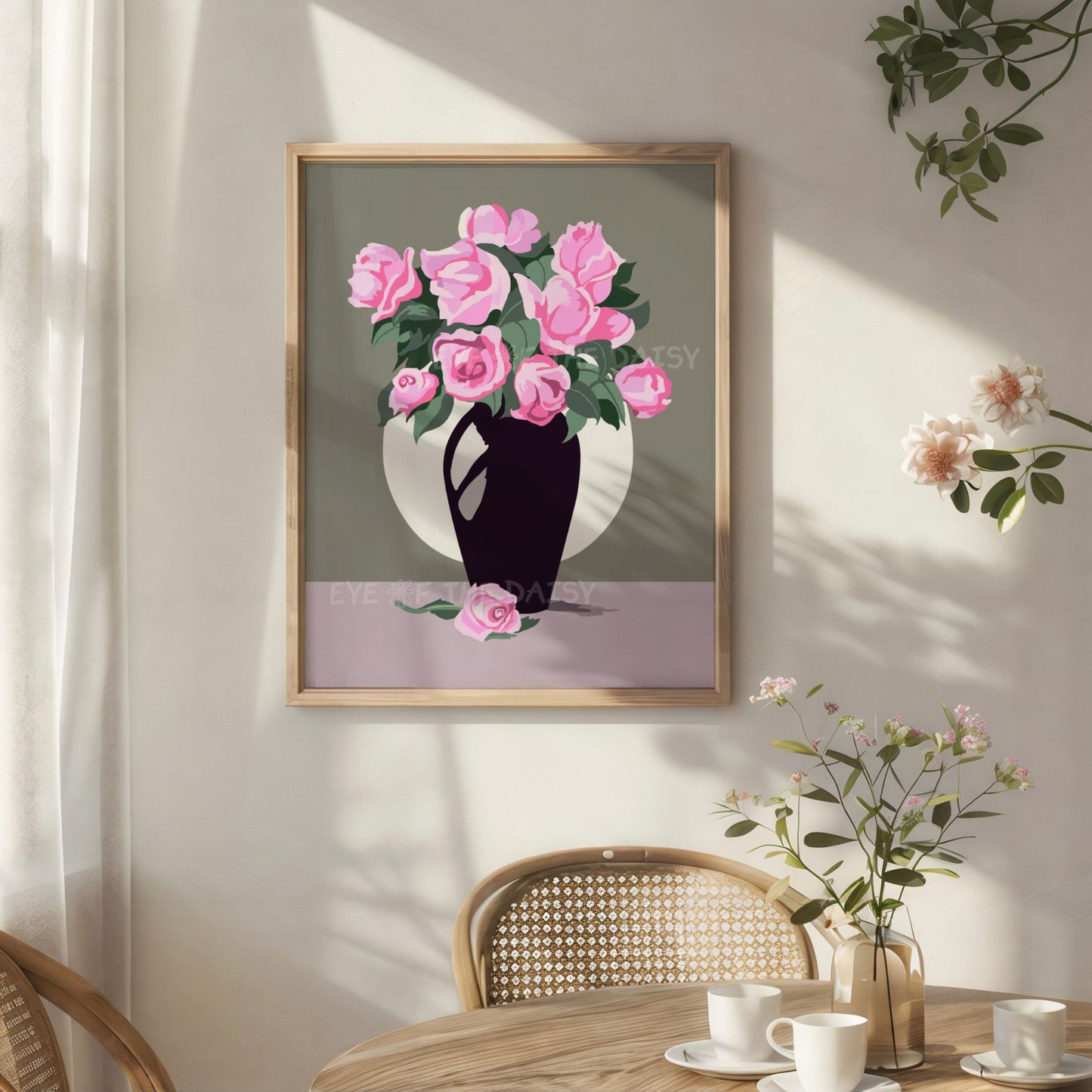 Downloadable romantic floral art — black vase of pink roses with muted grey tones, perfect poster printable for boho or Scandi-inspired homes