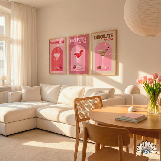 Love Potion Cocktail printable wall art, digital download poster set, retro Valentine’s drinks for trendy modern interiors, cute girly style
