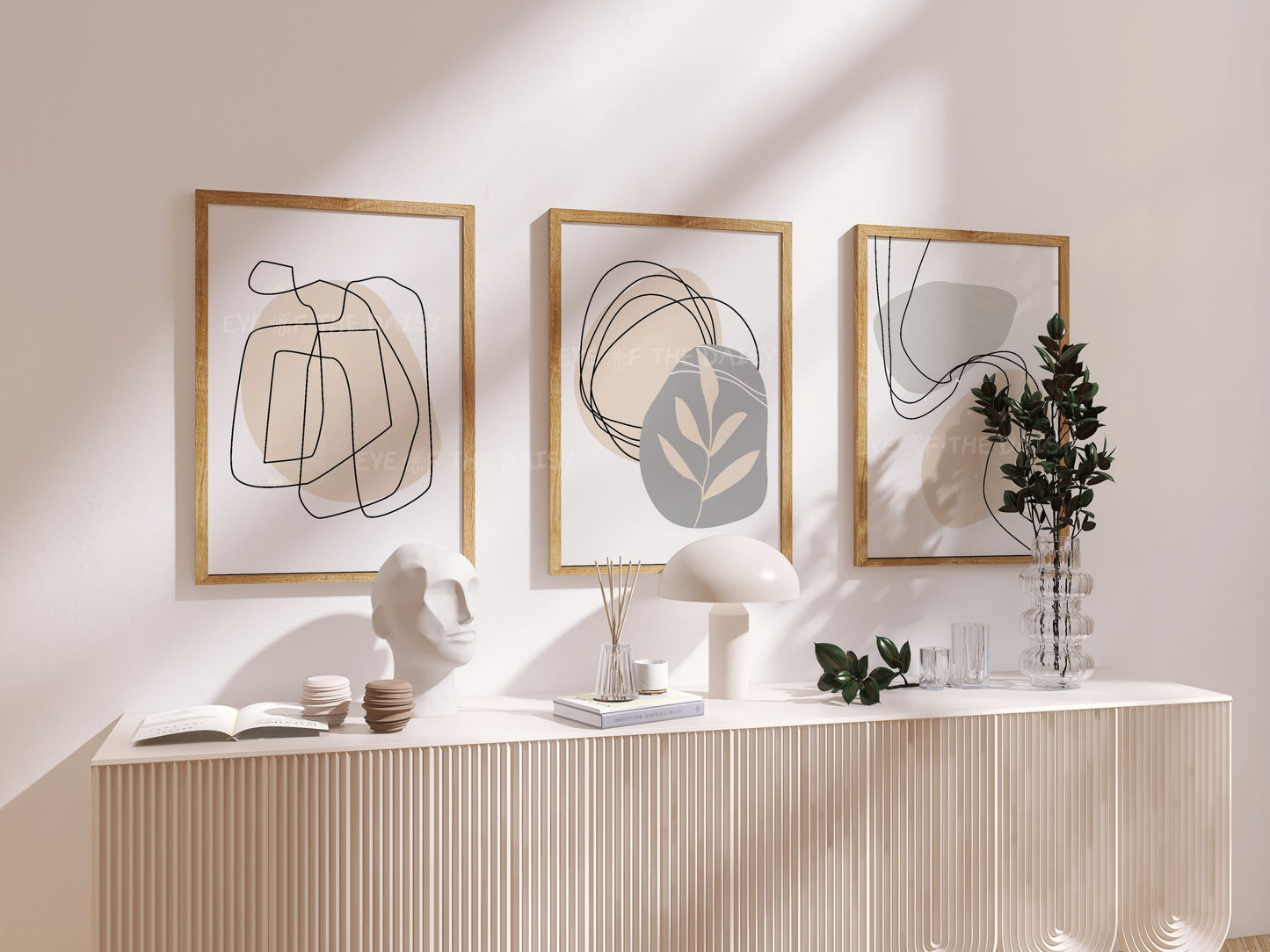 Abstract botanical wall prints in neutral tones, gallery wall printable set of 3 for trendy Scandi apartment décor