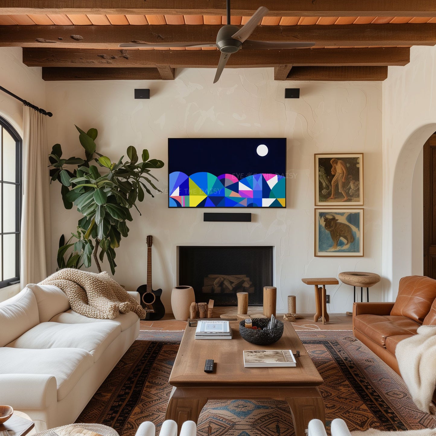 Navy Blue & Colourful Abstract Moonlit Landscape 4K TV Art | Geometric Art for TV Screen