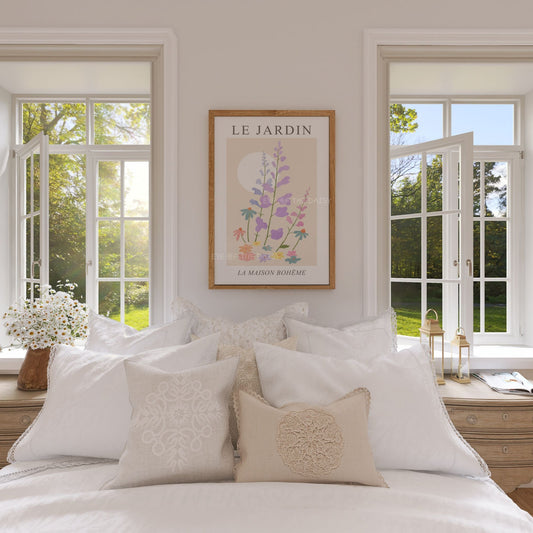 Pastel floral exhibition print – Le Jardin wall art download with earthy tones, perfect for a warm and feminine boho bedroom gallery wall
