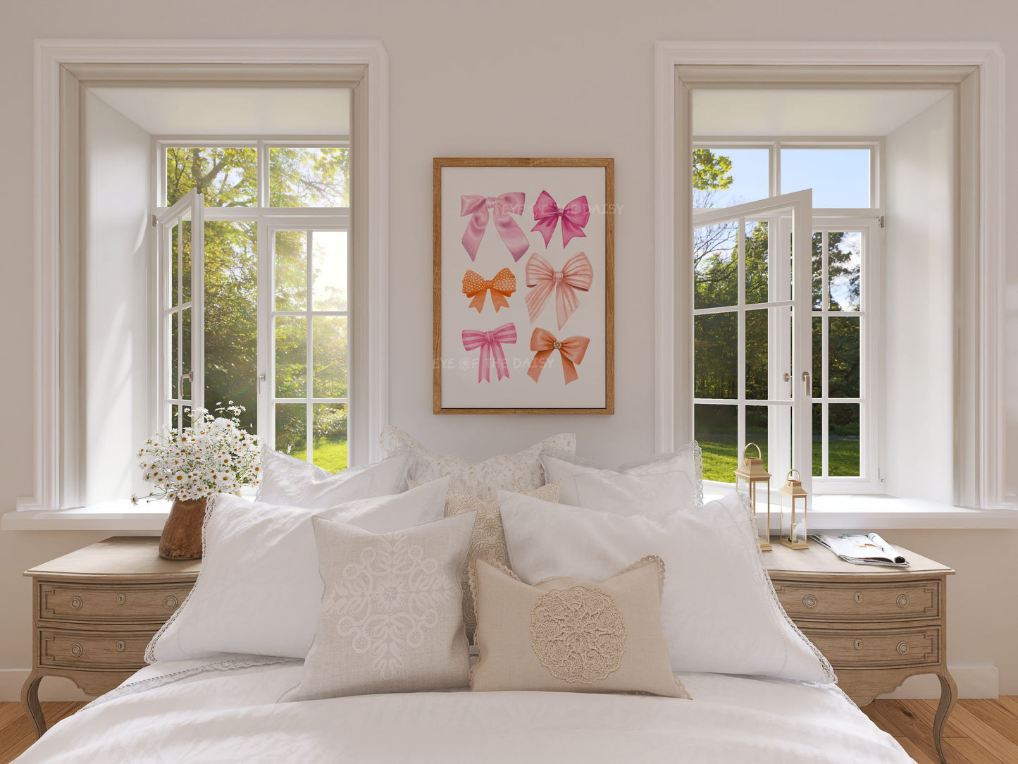 Trendy coastal cowgirl style art print of pink & orange watercolour bows & ribbons, in a shabby chic cottagecore bedroom