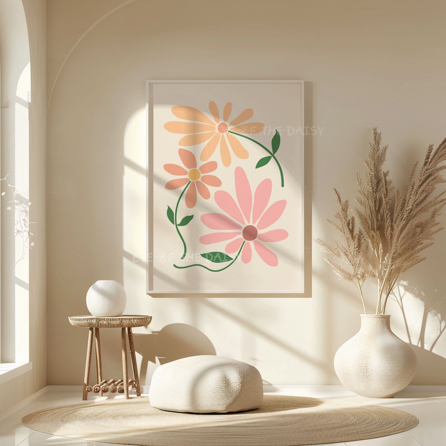 Terracotta floral wall art – boho cut-out daisy flower print in warm neutral tones, digital download for earthy modern living room