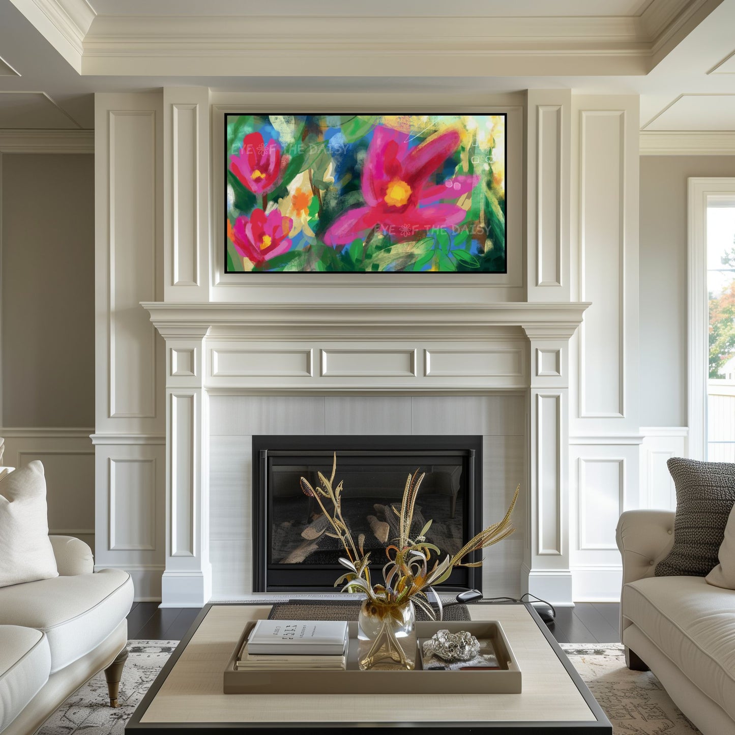 Vibrant Abstract Floral 4K TV Art | Bright Pink Yellow Green Contemporary Flowers 4K TV Art