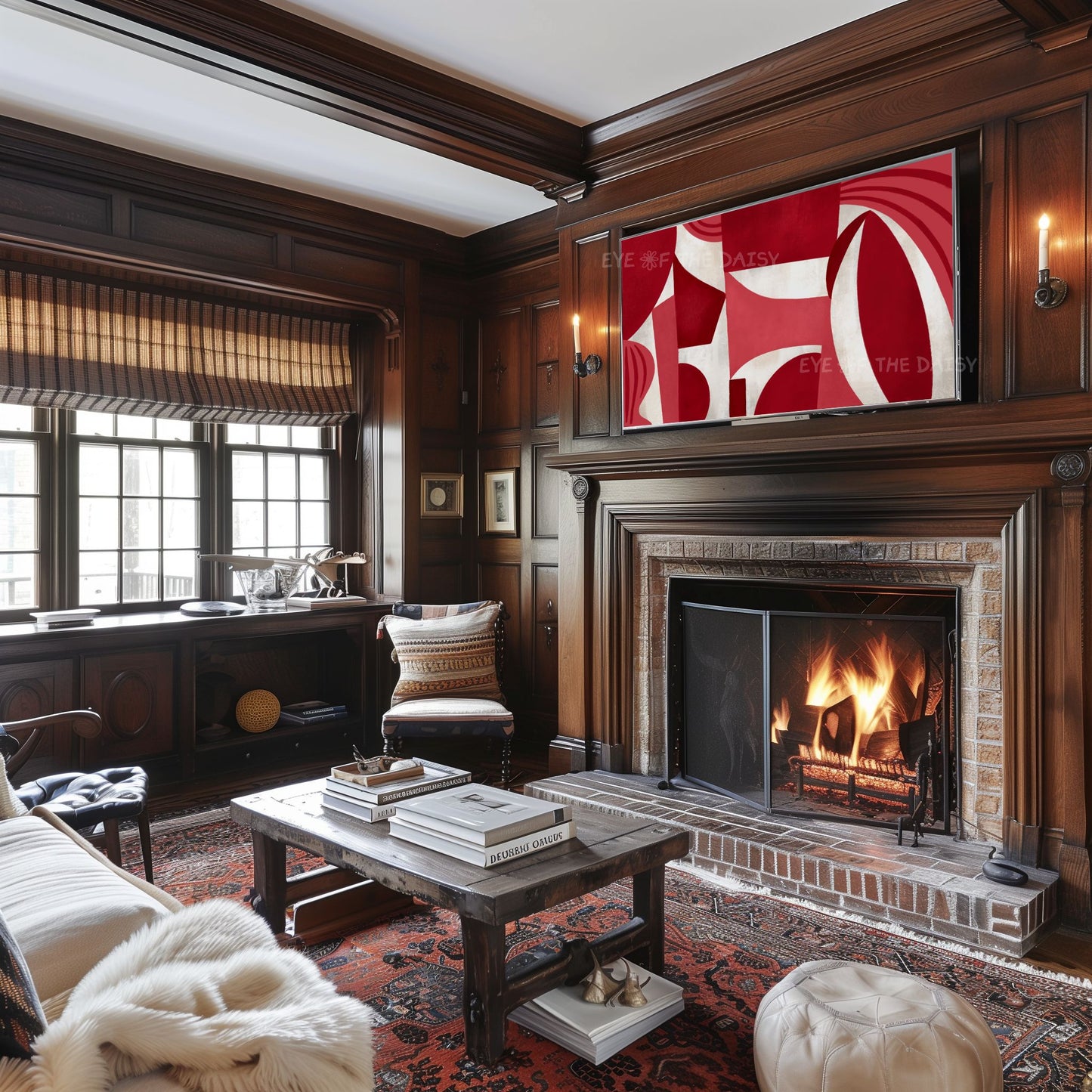 Maroon Beige Mid Century Modern 4K TV Art | Dark Red Geometric Abstract Art for TV Screen