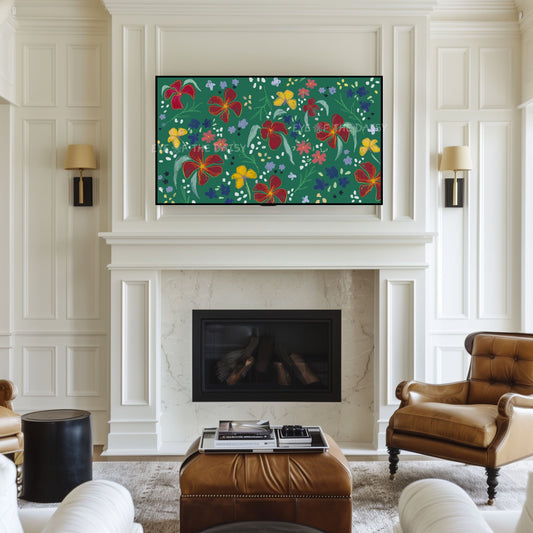 Dark Green Maroon Mustard Abstract Floral 4K TV Art | Flower Pattern Art for TV Screen