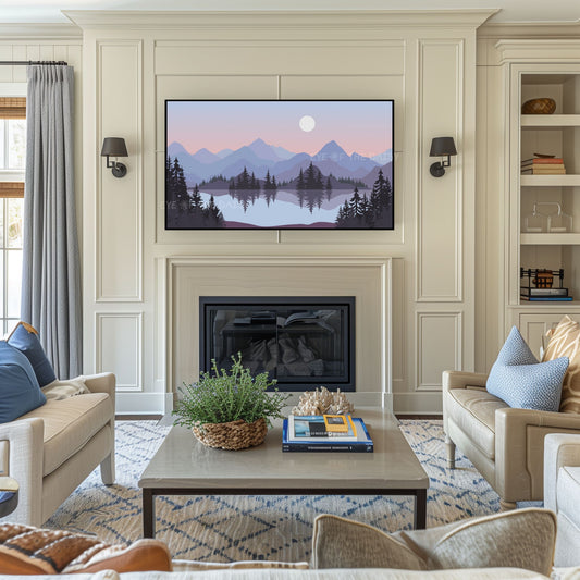 Lilac Blue Peach Landscape TV Art 4K | Mid Century Modern Mountain Lake Trees TV Art