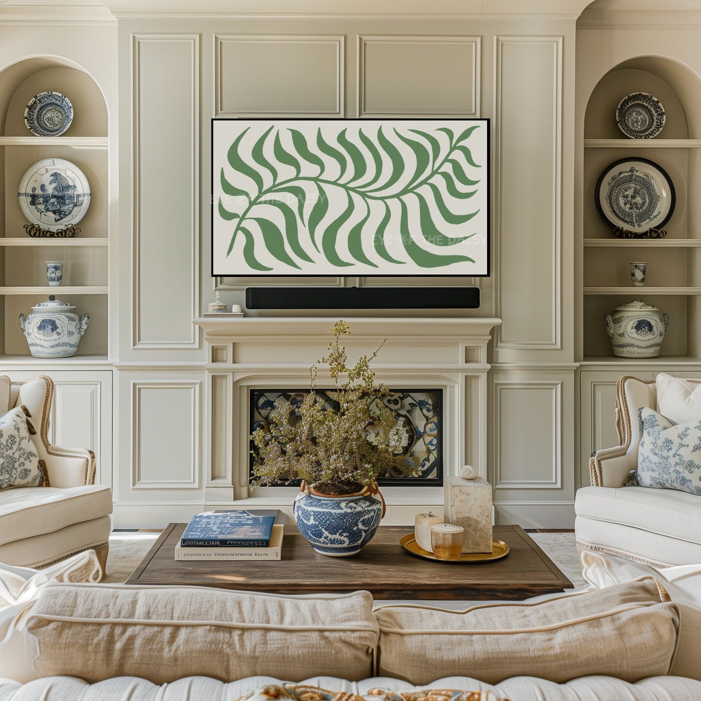 Dark Green Beige Abstract Leaf 4K TV Art | Olive Green Boho Botanical TV Art 4K