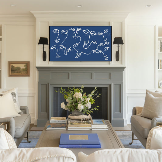 Navy Blue White Abstract Face 4K TV Art | Eclectic Face Line Art for TV Screen