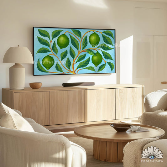 Boho farmhouse TV art 4K, hand drawn citrus botanical artwork styled in a cozy neutral interior