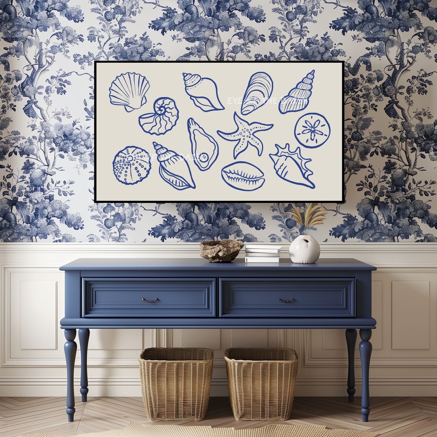 Navy Blue Beige Minimal Shells Sketch 4K TV Art | Modern Hamptons Coastal TV Artwork