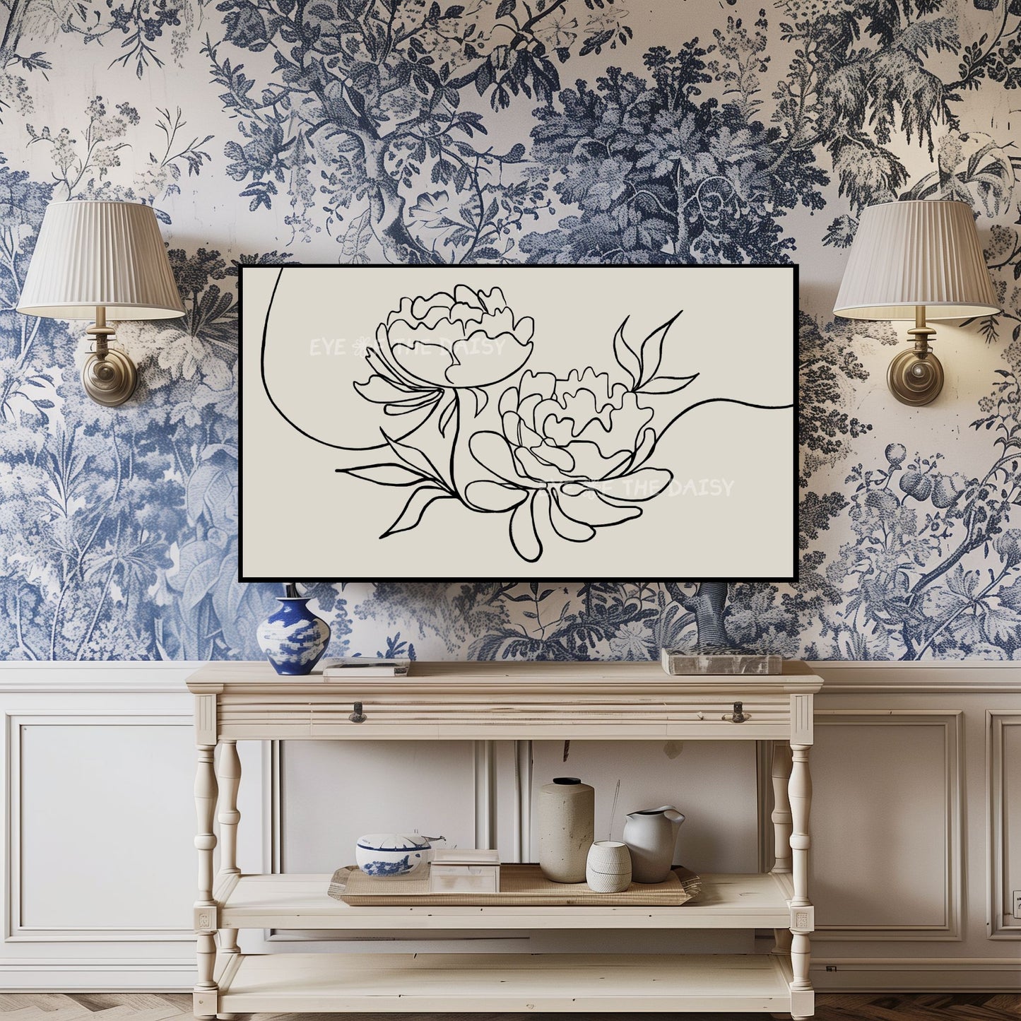 Black Beige Peony Line Drawing 4K TV Art | Minimal Botanical Sketch 4K TV Art