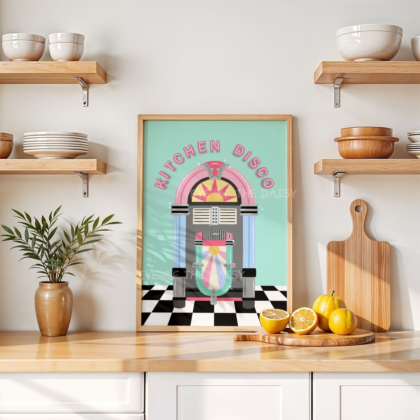 Kitchen Disco pastel print, downloadable art with retro jukebox for fun beach house or holiday rental wall decor
