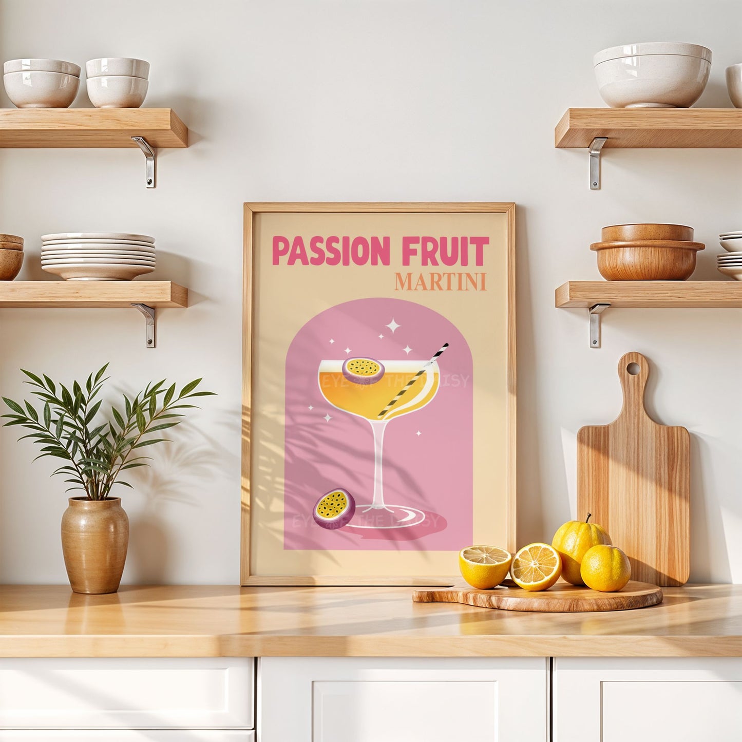 Passion Fruit Martini cocktail print in bright tropical colors, printable wall art digital download for fun home bar gallery wall