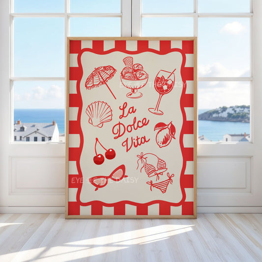 Trendy La Dolce Vita print – bold red sketch of Italian summer food, drinks, and fashion, digital art for modern living room wall