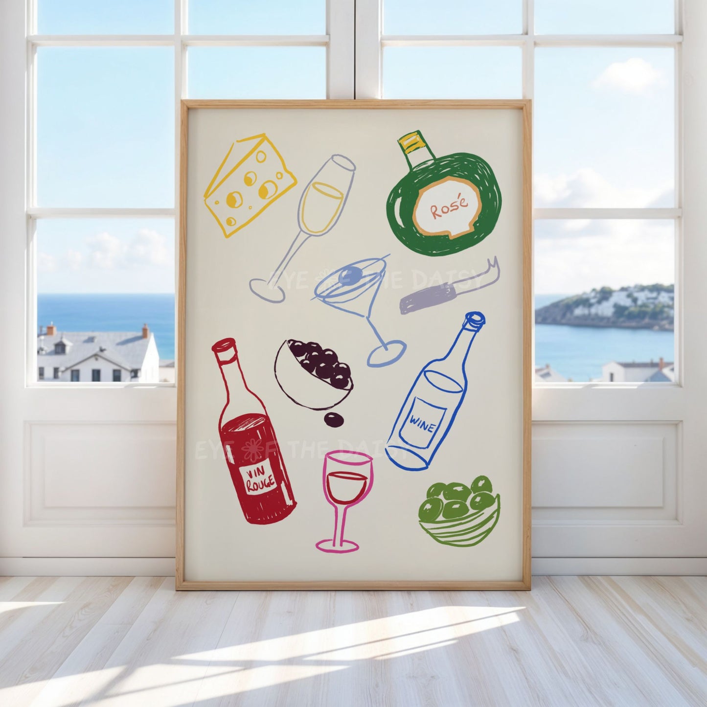 Funky drinks scene wall art – colourful digital download poster with wine bottles and snacks, perfect printable for living room wall