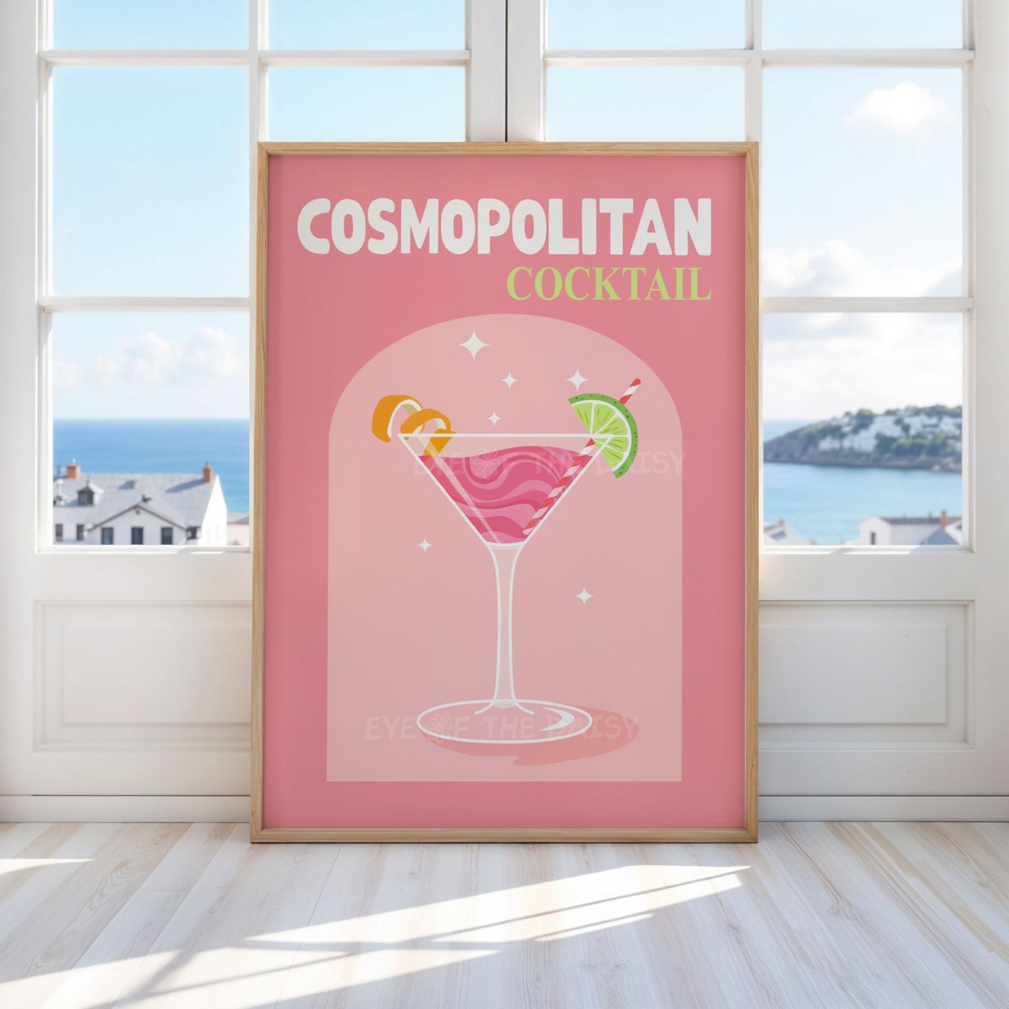 Girly Cosmopolitan cocktail print – retro pink drink poster printable, vibrant downloadable decor for eclectic dining room
