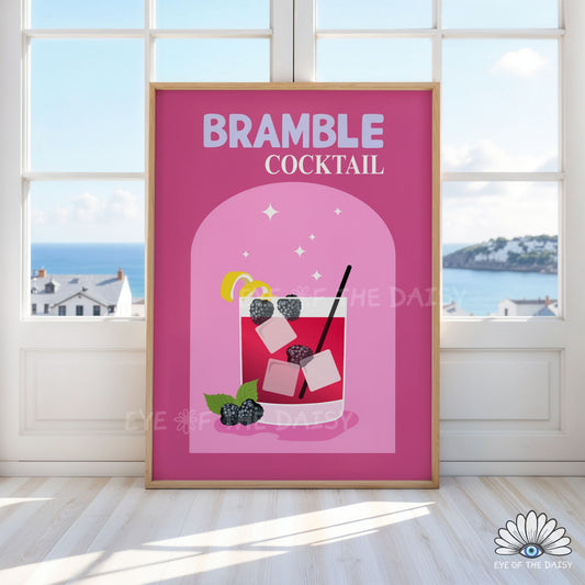 retro Gin Bramble cocktail poster vibrant pink and purple drink printable wall art for modern kitchen decor