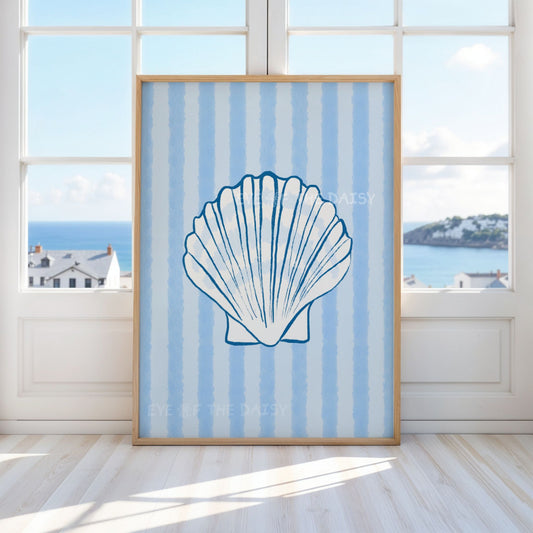 Trendy shell poster printable with white shell on light blue vintage stripes – coastal cowgirl meets Hamptons decor