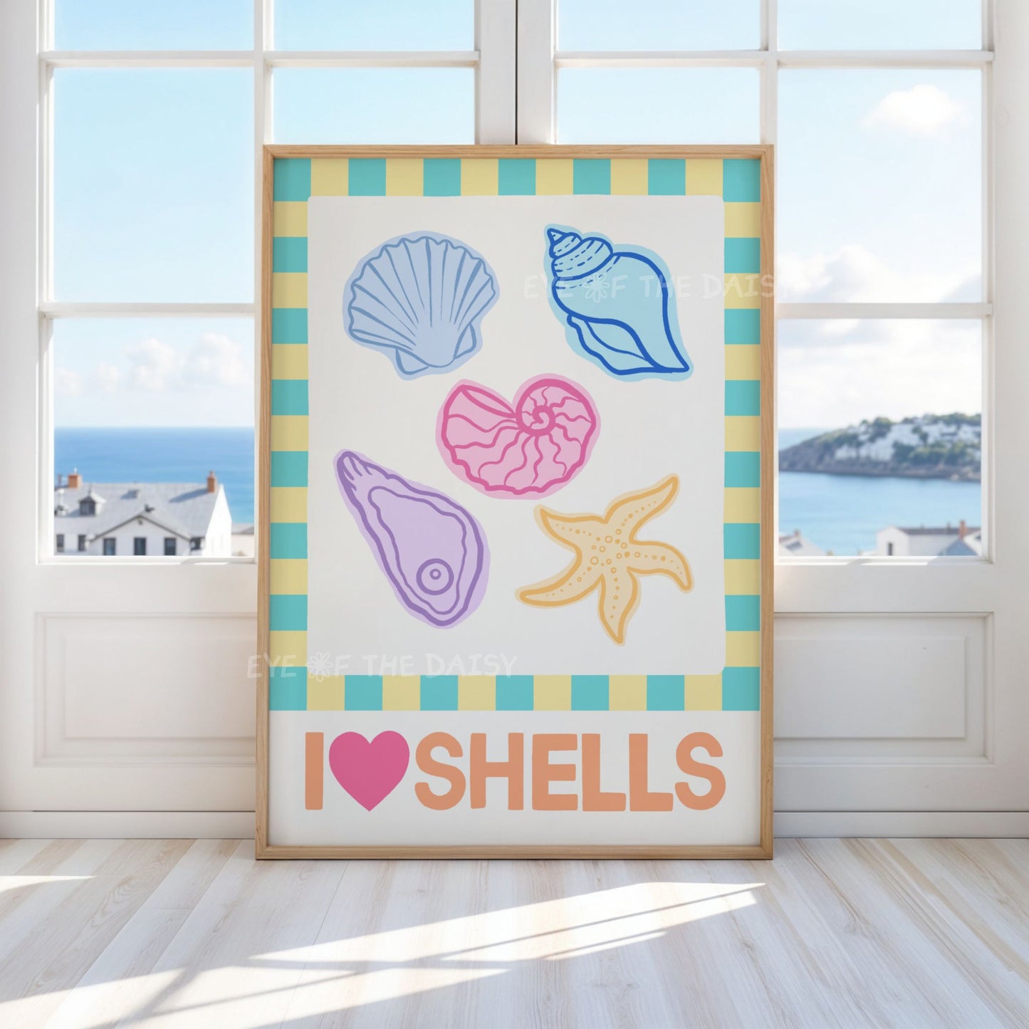 Cute I Love Shells print in coastal cowgirl style – colorful sea shell printable art, summer vibes digital download for trendy coastal room