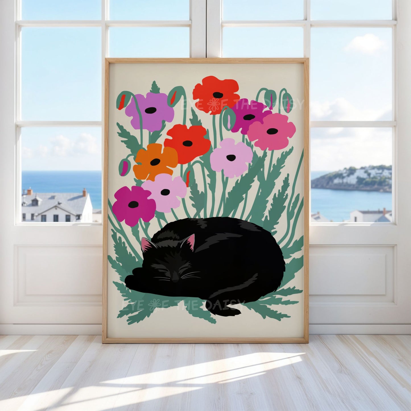 Colourful sleeping cat and poppy flowers print, perfect art print for cozy corner or reading nook, whimsical printable poster