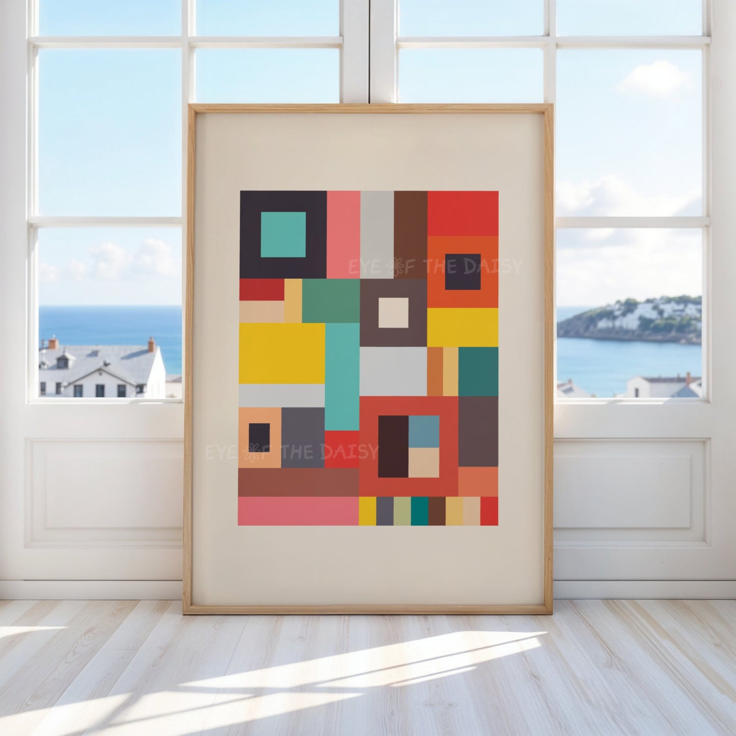 Trendy geometric abstract wall print — colourful digital download poster perfect for vibrant, fun DIY vacation rental decor and gallery walls