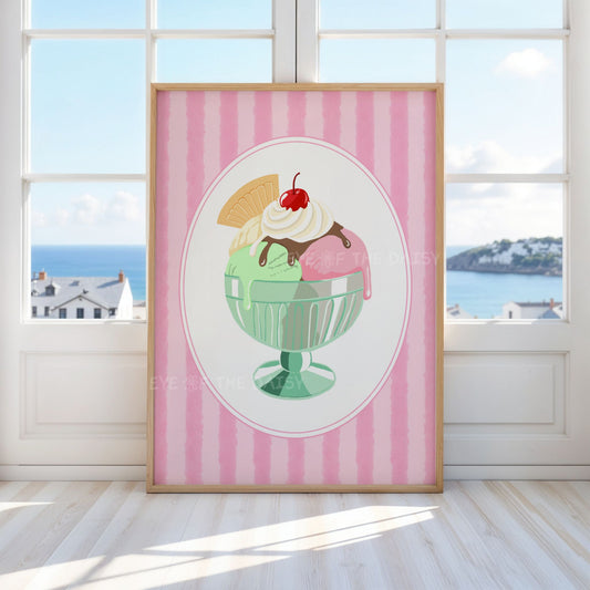 Cute pastel gelato poster with a hand drawn illustration of an ice cream sundae in pastel colours with pink striped vintage border