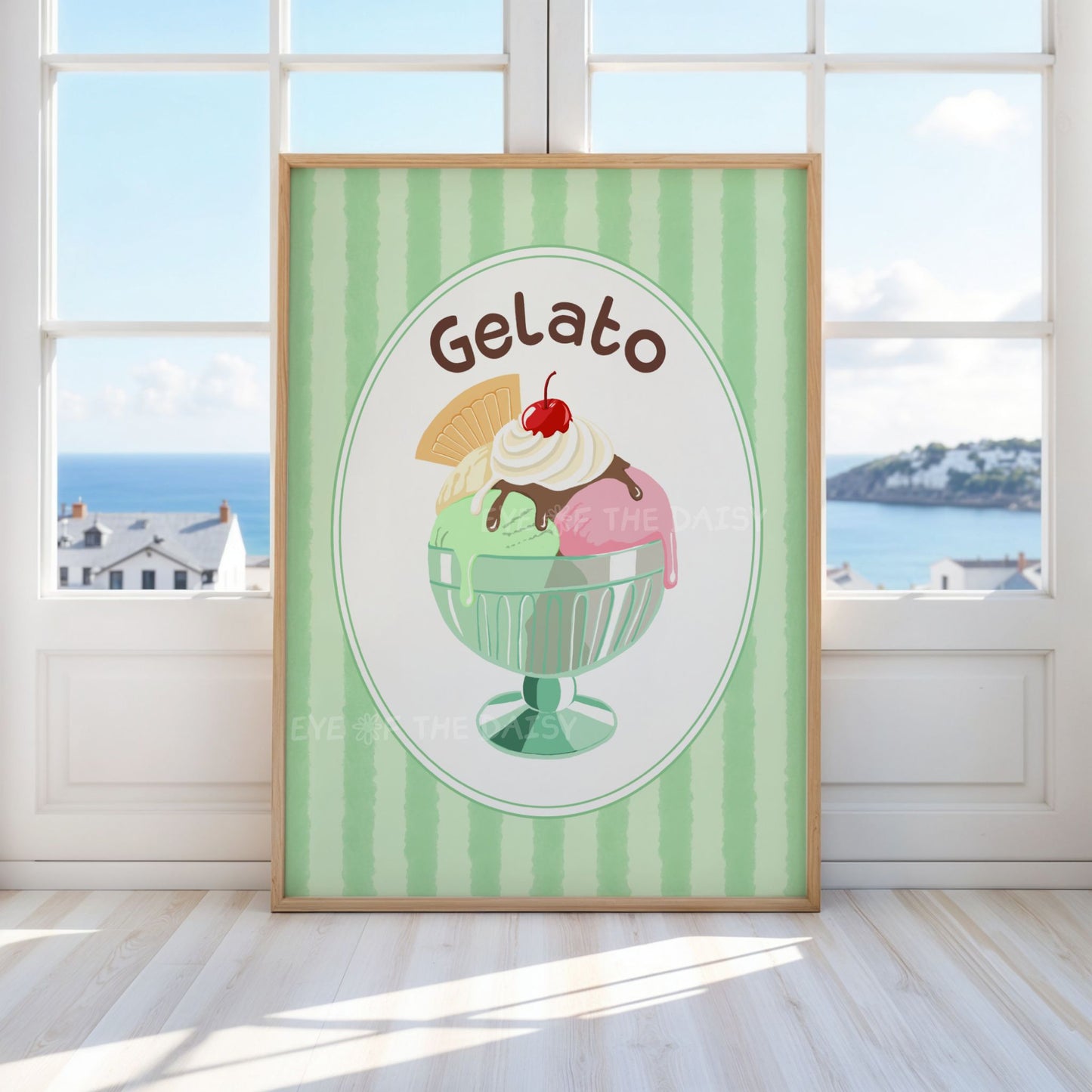 Contemporary gelato poster with "gelato" typography and a hand drawn illustration of an ice cream sundae