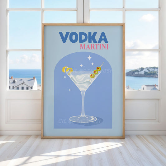Vodka Martini printable wall art — retro cocktail download in cool blue, great for summer rental decor or trendy living rooms