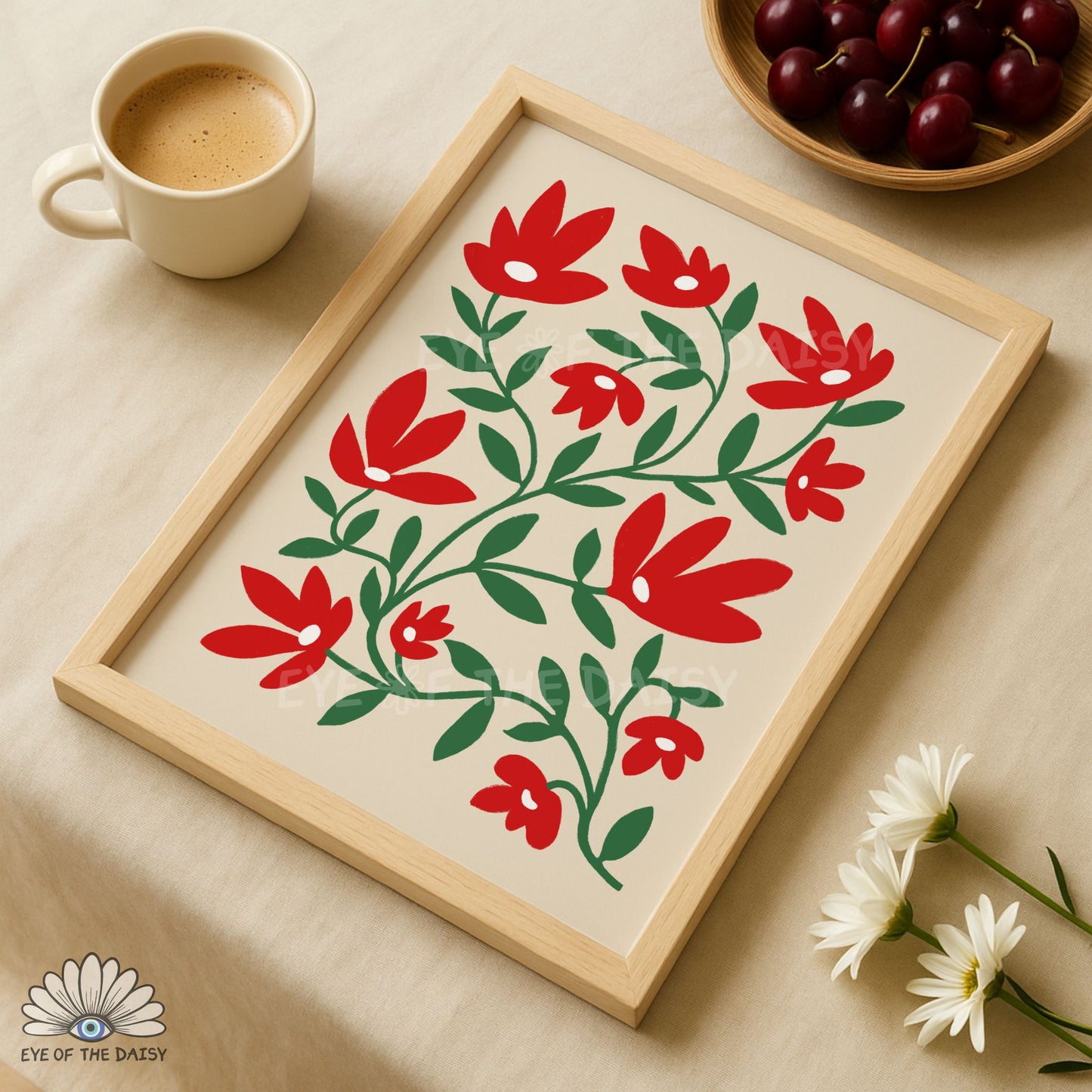 Red Abstract Flowers Printable Wall Art | Vibrant Botanical Print Digital Download | Scandi Floral Print