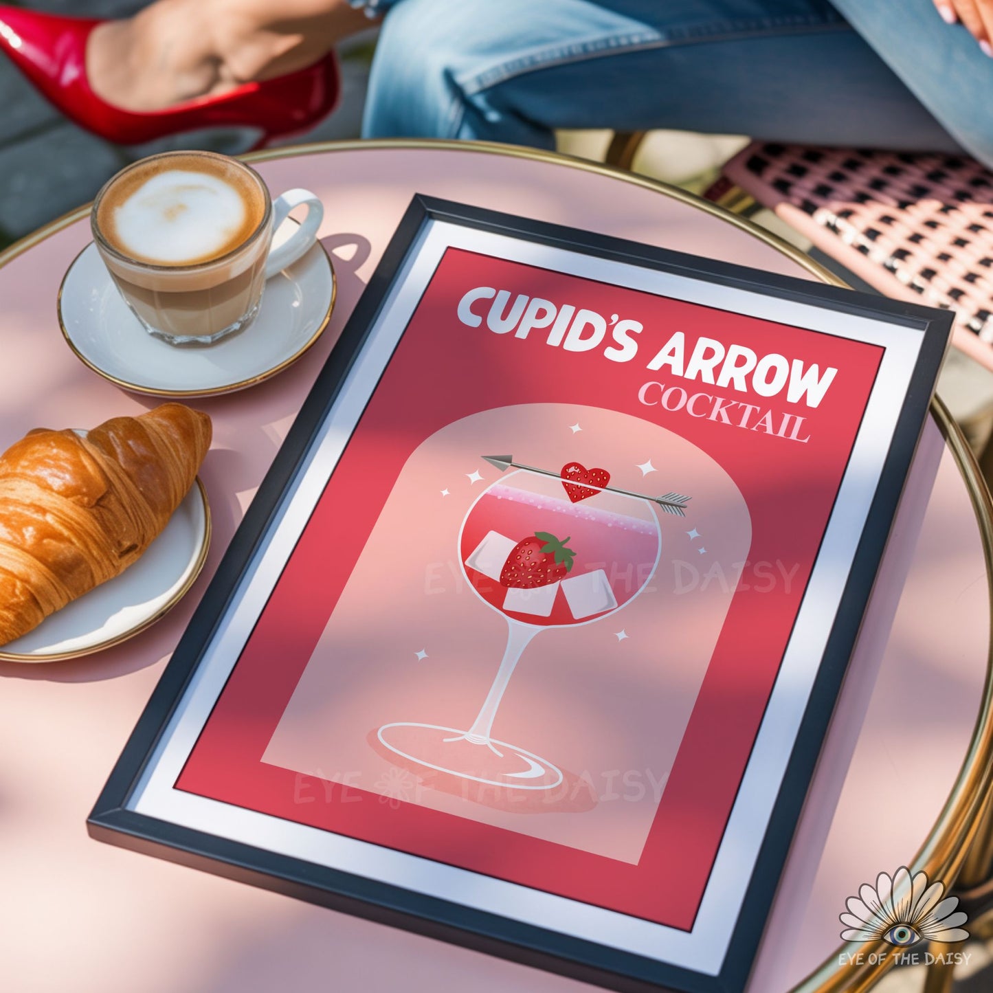 Eclectic dopamine decor printable wall art, Cupid’s Arrow cocktail illustration for above bar cart or kitchen decor