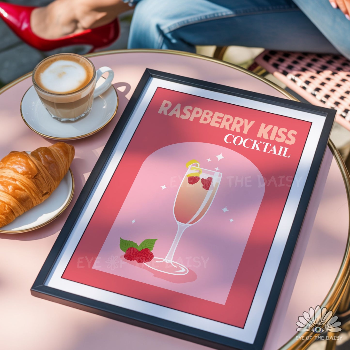 High resolution pink prosecco cocktail printable wall art, girly and feminine drink print for Valentine’s Day