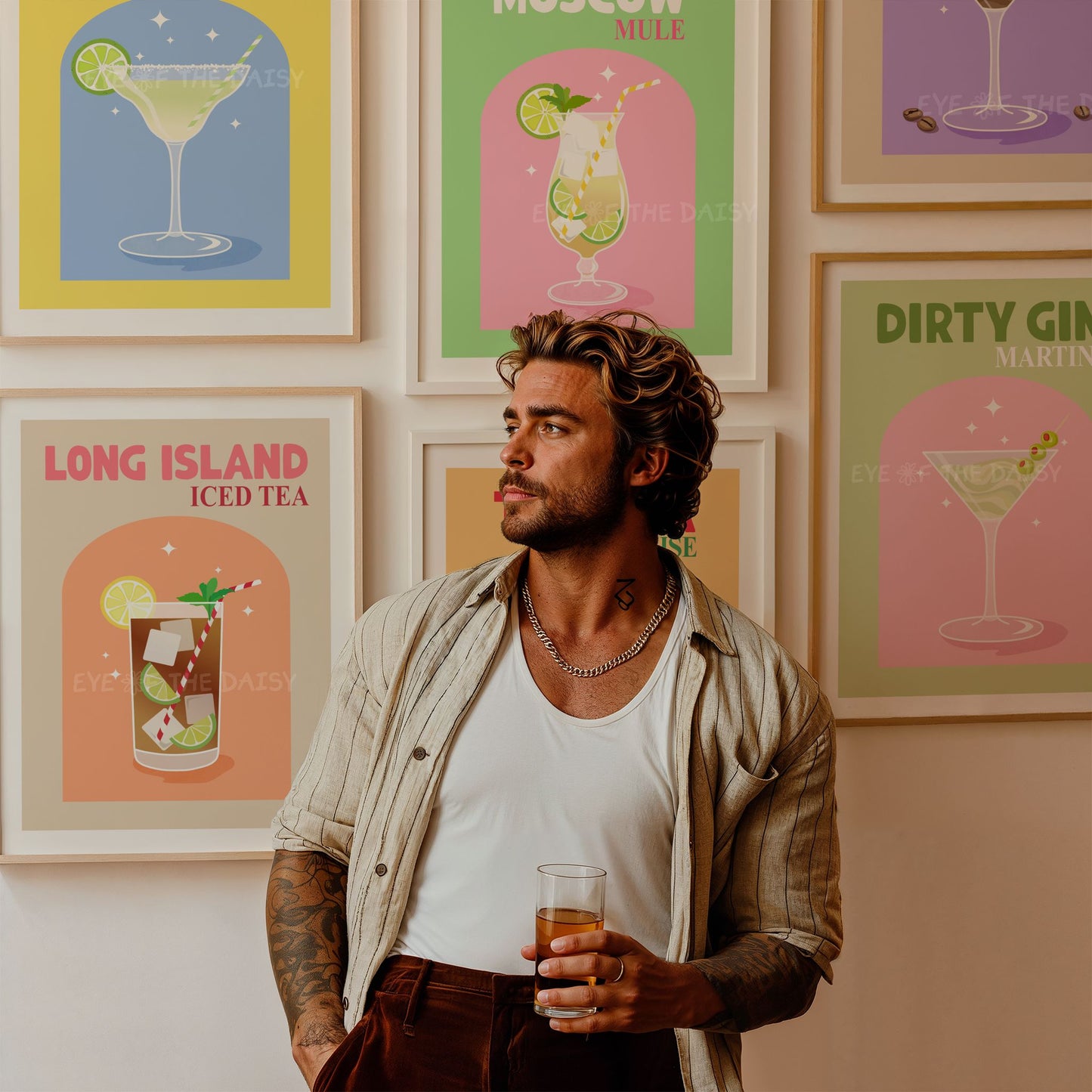 6 piece set of retro colourful alcohol prints in bright colours on the wall of a trendy home bar