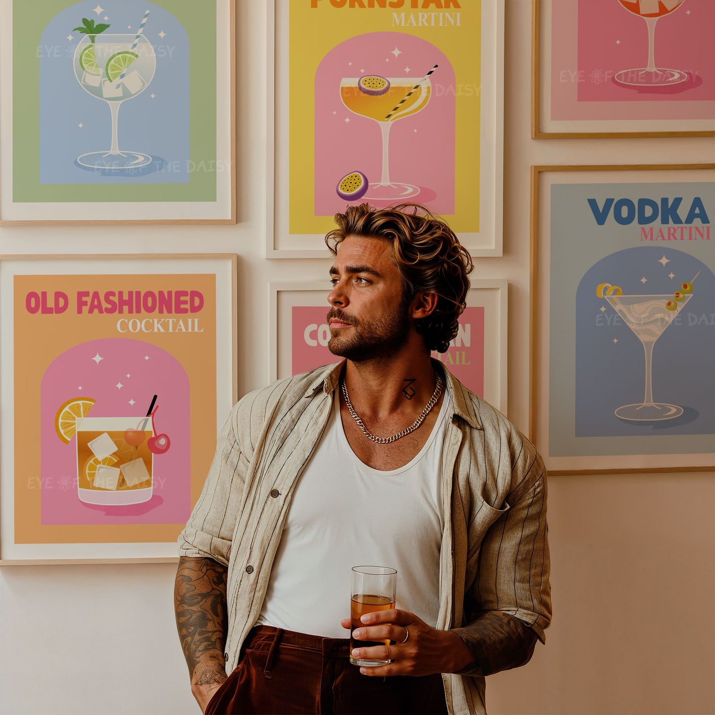 Gallery wall set of 6 printable cocktail posters in vibrant trendy colours, perfect gift for cocktail lovers