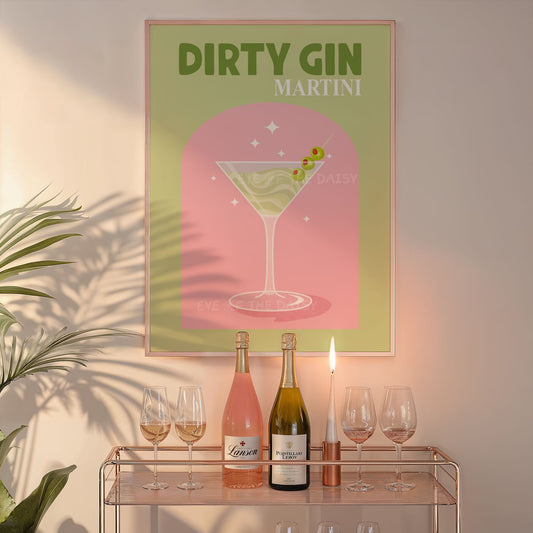 Bar cart cocktail art – Dirty Gin Martini printable wall decor in retro pink and sage for drink stations or kitchens