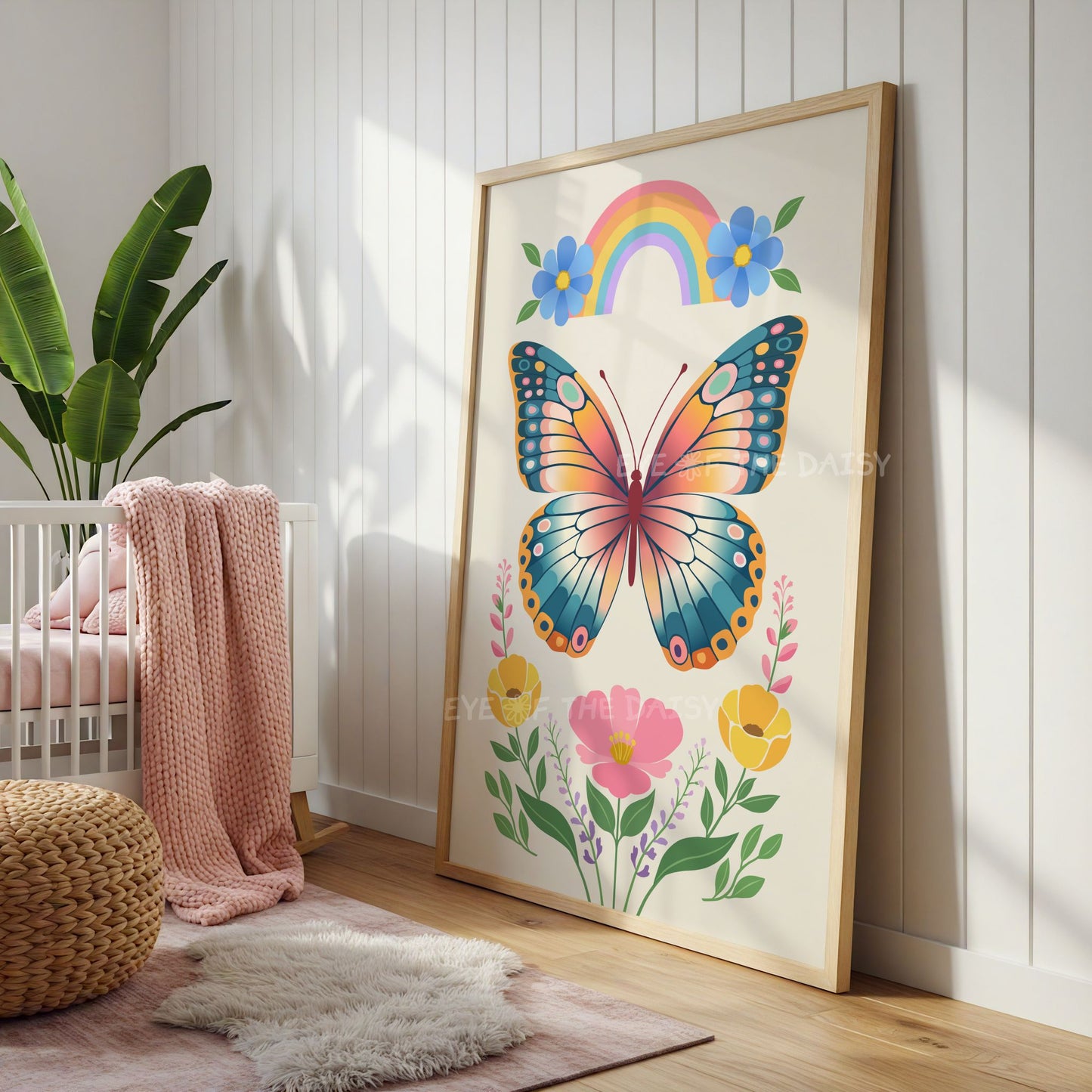 Colorful butterfly and flower digital art illustration in a wooden frame on a wall in a nursery room