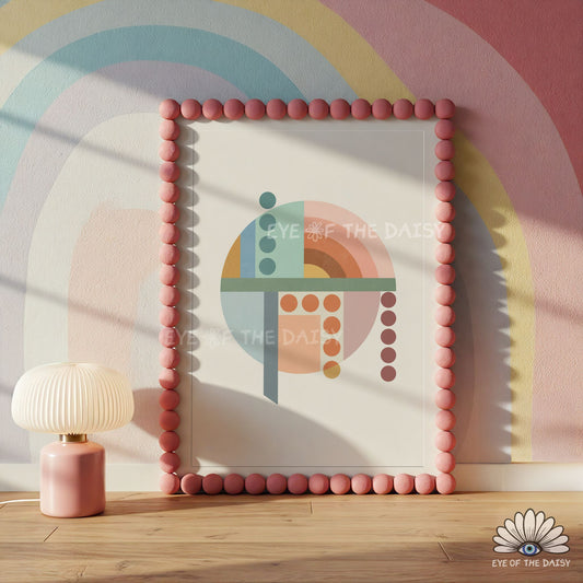 Bauhaus geometric poster in terracotta salmon pink mustard and sea foam green