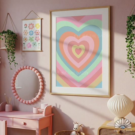 Hand drawn retro heart poster in pastels, fun and colorful printable wall art for children’s rooms or dorms