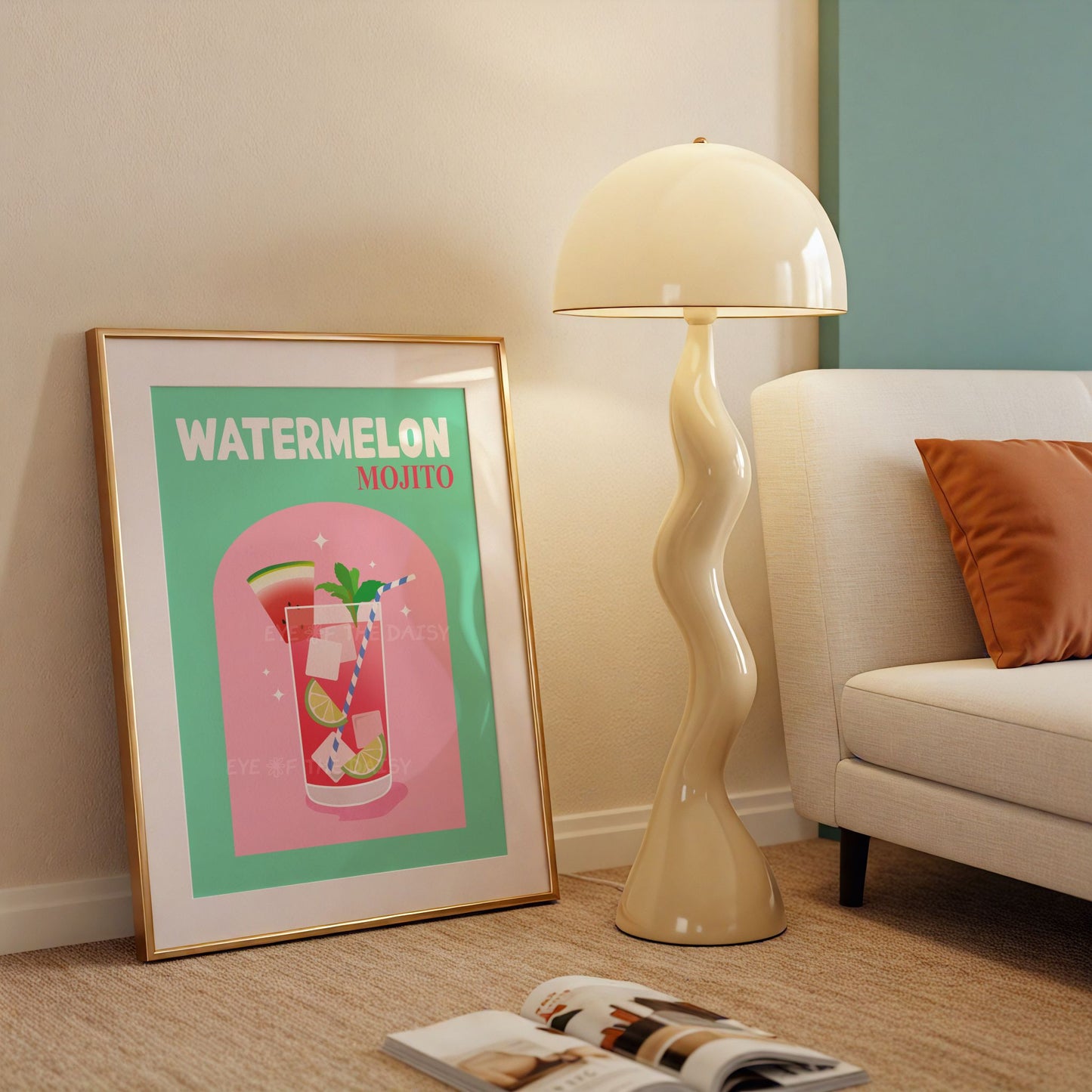 Watermelon mojito digital art print in a trendy apartment, printable cocktail wall art for college room or dorm room decor