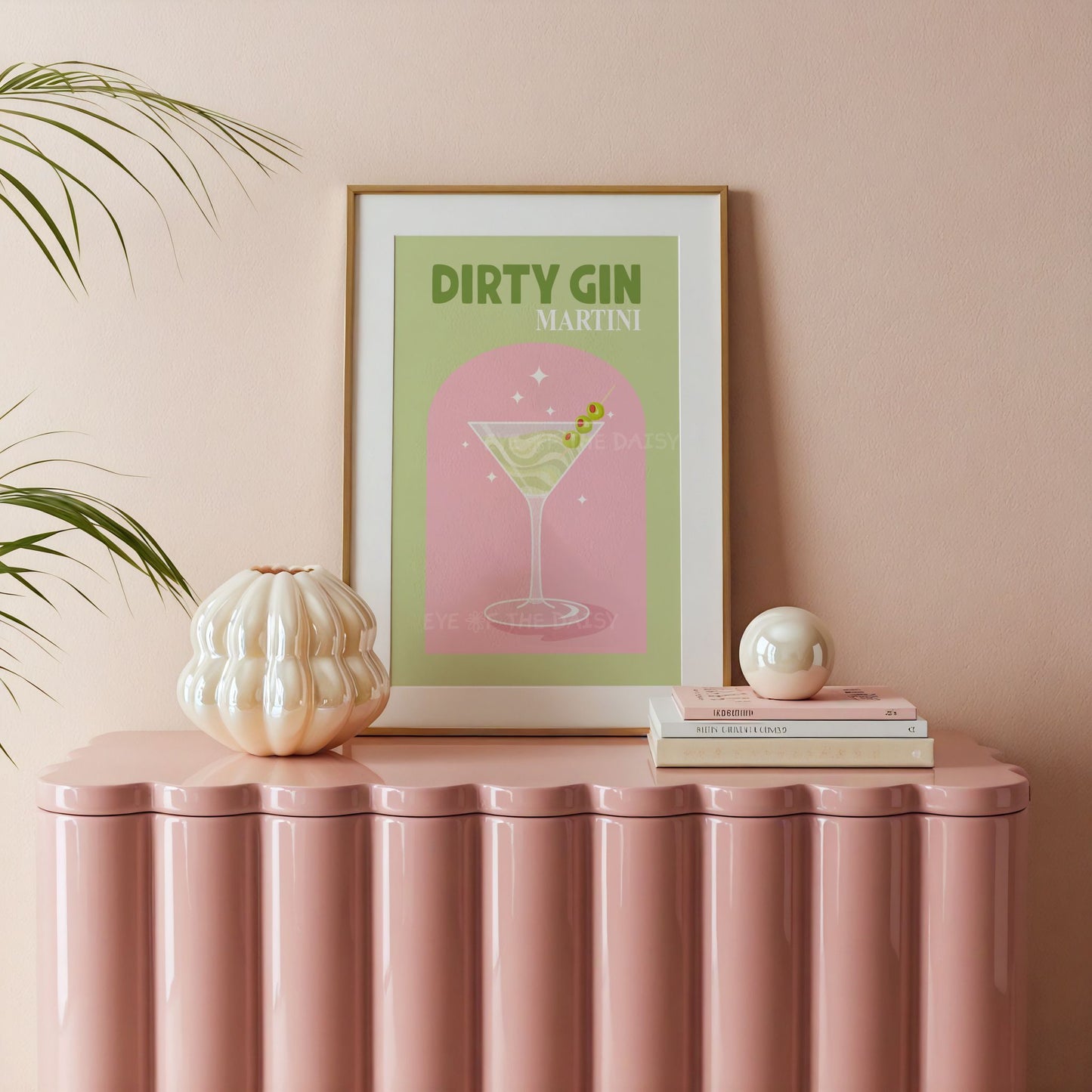 Retro Dirty Martini art – pink and sage cocktail digital print for modern kitchen, bar cart or vacation rental wall decor