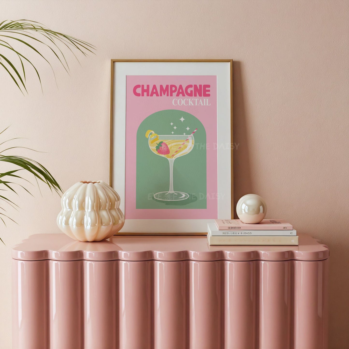Funky pink champagne print – colorful cocktail poster printable, retro downloadable wall art perfect for modern or eclectic dining room