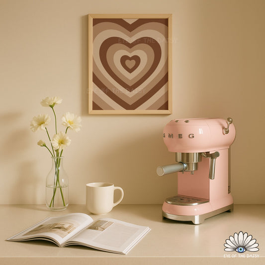 Brown retro heart print digital download, modern and cute printable wall art for living rooms or home coffee bars