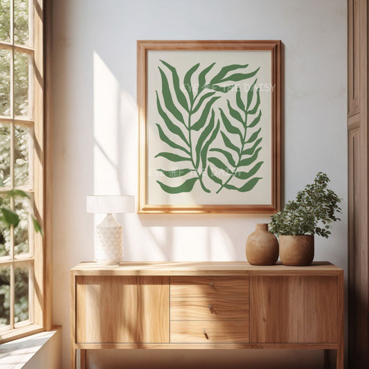 Abstract palm leaf art print in olive tones, boho printable wall art download for living room decor, modern Scandinavian poster