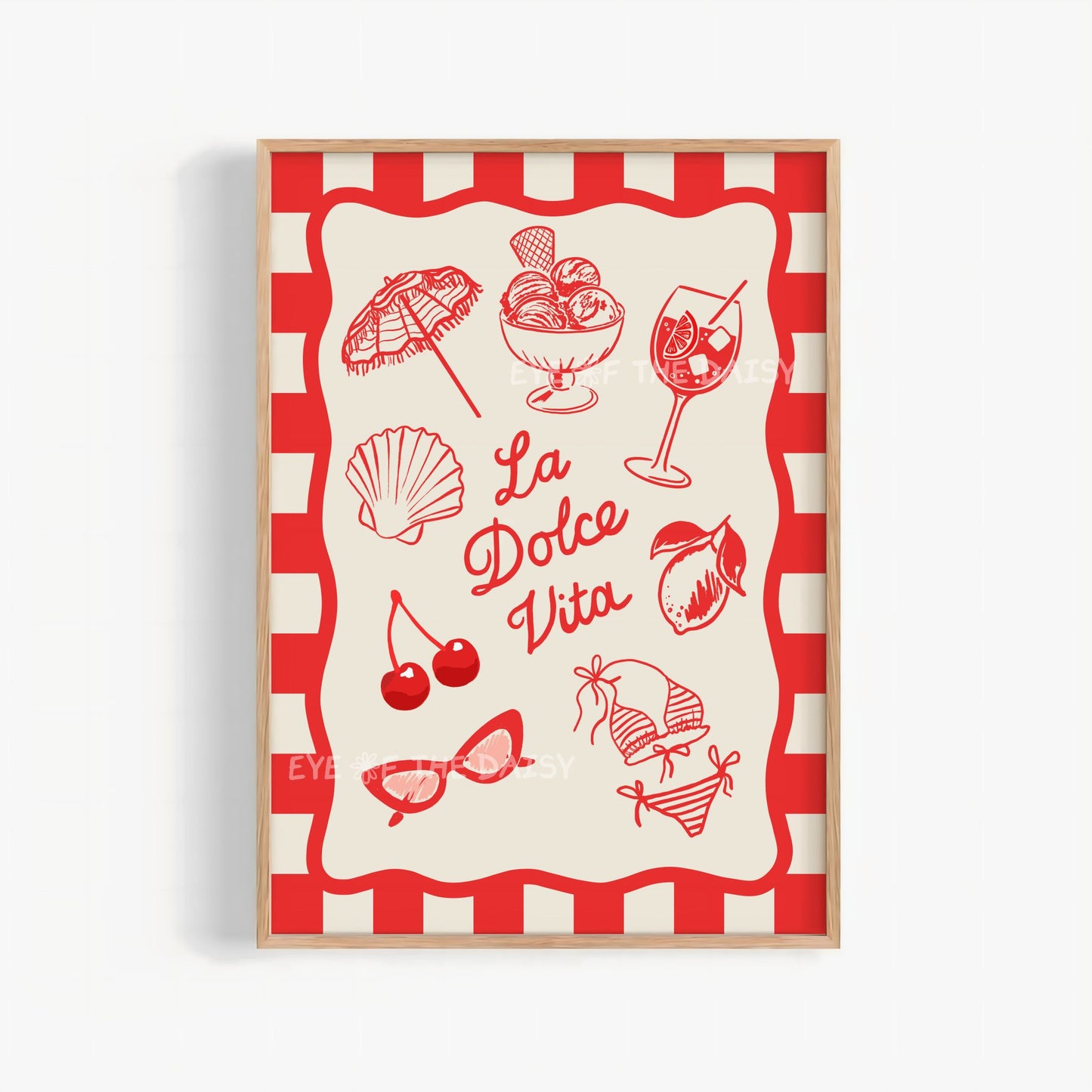 La Dolce Vita print digital download – funky red Italian summer sketch with gelato, spritz, lemons, and sunglasses on beige