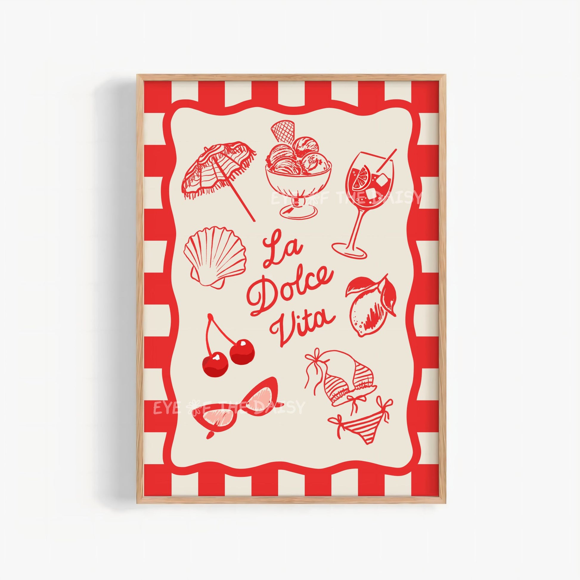 La Dolce Vita print digital download – funky red Italian summer sketch with gelato, spritz, lemons, and sunglasses on beige