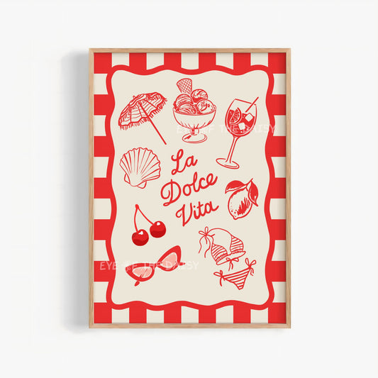 La Dolce Vita print digital download – funky red Italian summer sketch with gelato, spritz, lemons, and sunglasses on beige