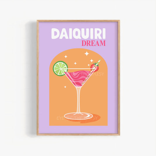 Trendy colorful "Daiquiri" cocktail print in vibrant orange, pink and purple, for home bar cart wall decor