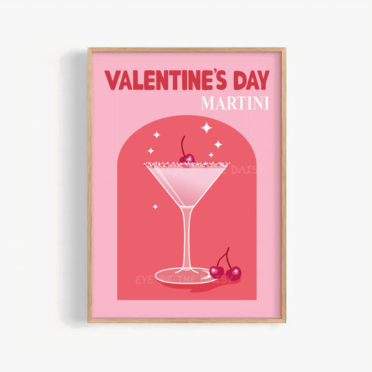 Valentine’s Day Martini cocktail printable wall art, pink and red drink print digital download for bar cart decor
