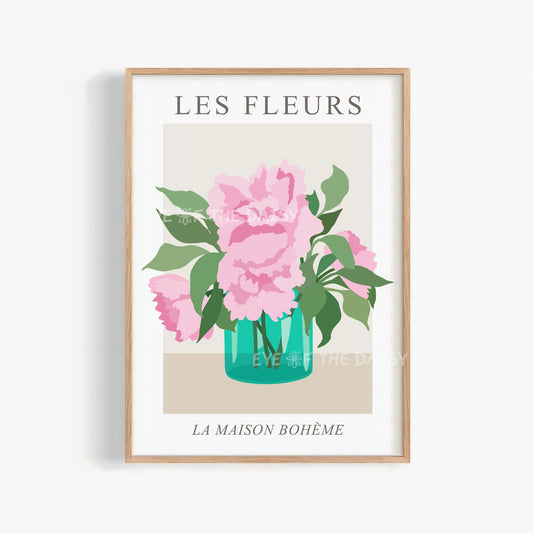 Pink peony flowers in vase print, minimal floral wall art of pink peonies in teal vase
